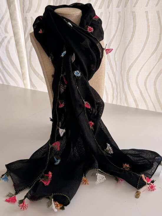 Traditional Turkish Crafts Accessories - Traditional Turkish Oya Lace Edged Scarf Long Rectangular 100% Lawn Cotton